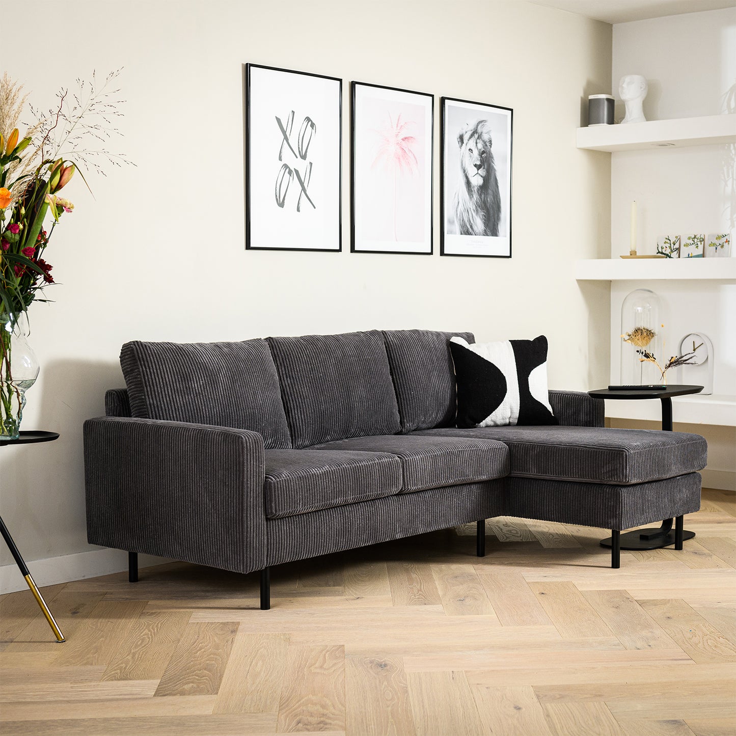 Hoekbank Auckland | Grijs Ribcord | Longchair L+R