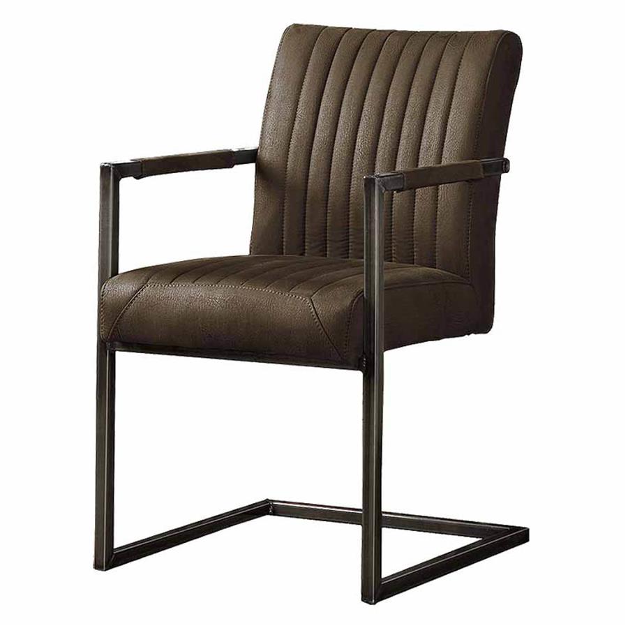 Eetkamerstoel Ferro met armleuning microvezel donkerbruin, schuin vooraanzicht op witte achtergrond