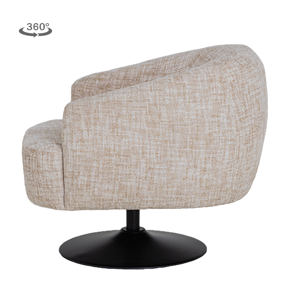 Draaifauteuil Barga beige stof, zijaanzicht op witte achtergrond