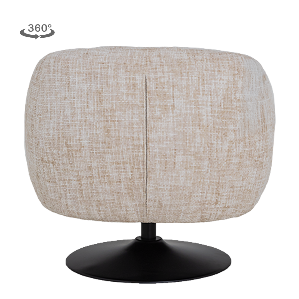 Draaifauteuil Barga beige stof, achteraanzicht op witte achtergrond