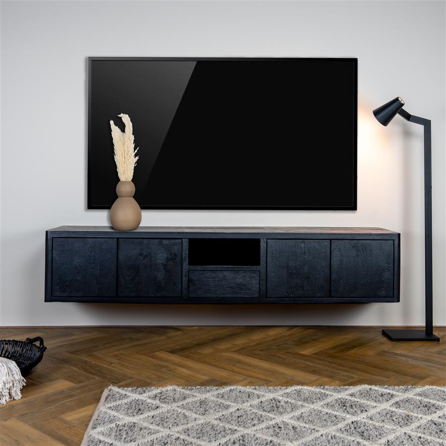 TV-meubel Tenna zwart mangohout, vooraanzicht in een interieur