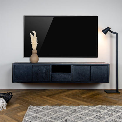 TV-meubel Tenna zwart mangohout, vooraanzicht in een interieur