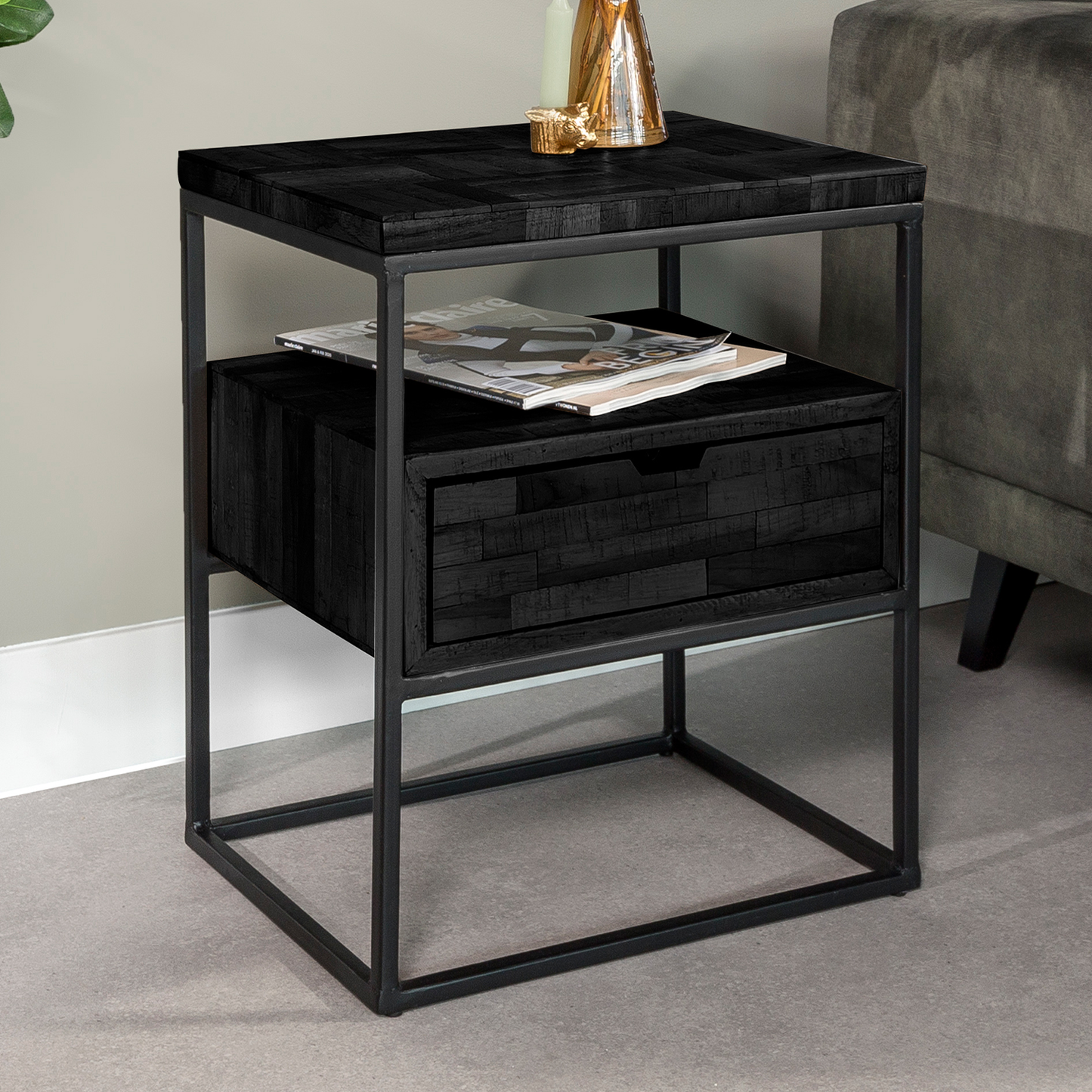 Nachtkastje Grey Block | 1 Lade | Zwart Teakhout