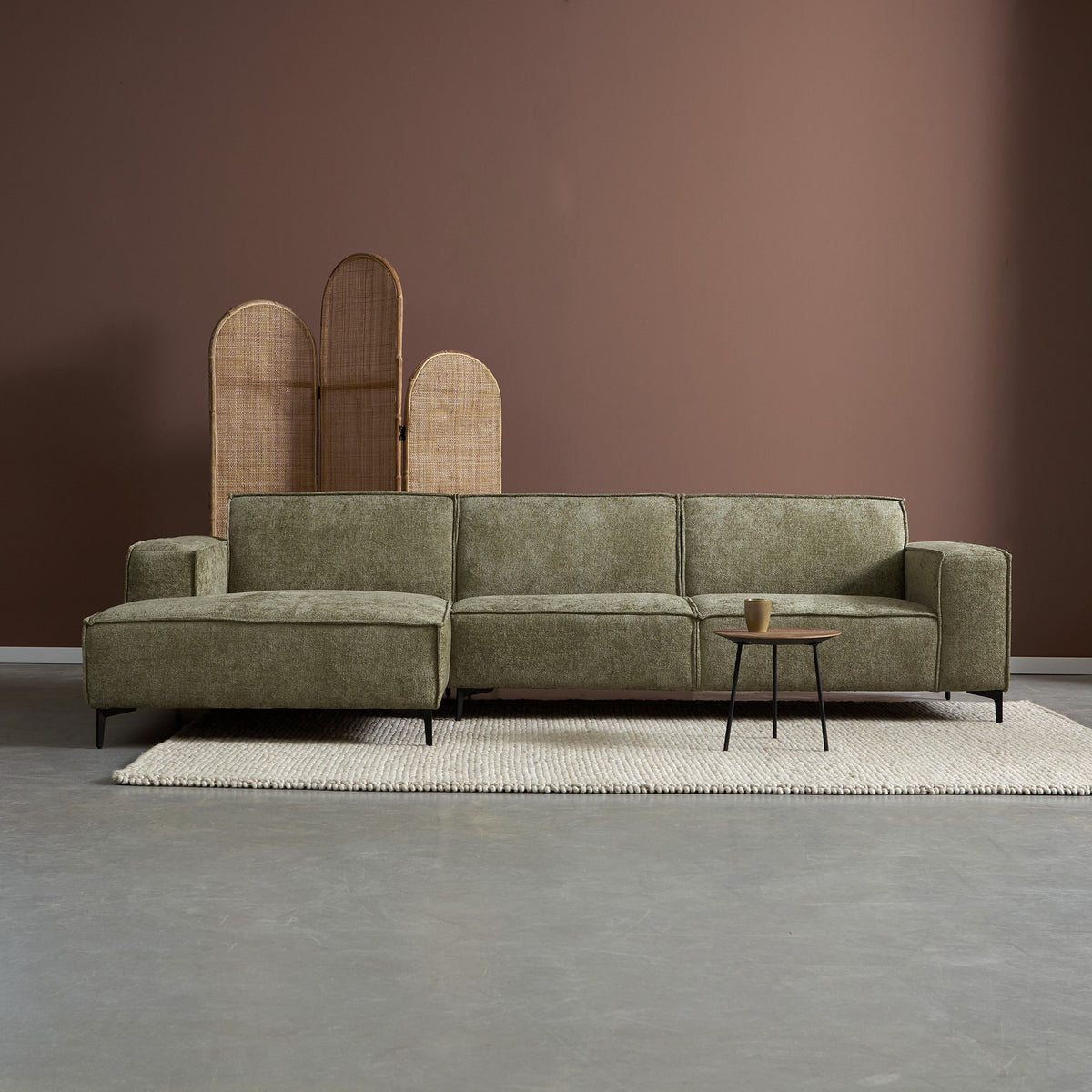 Hoekbank River stof groen chair lounge l+r, vooraanzicht in een interieur