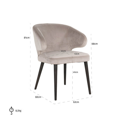 Eetkamerstoel Indigo khaki velvet, maatvoering met afmetingen