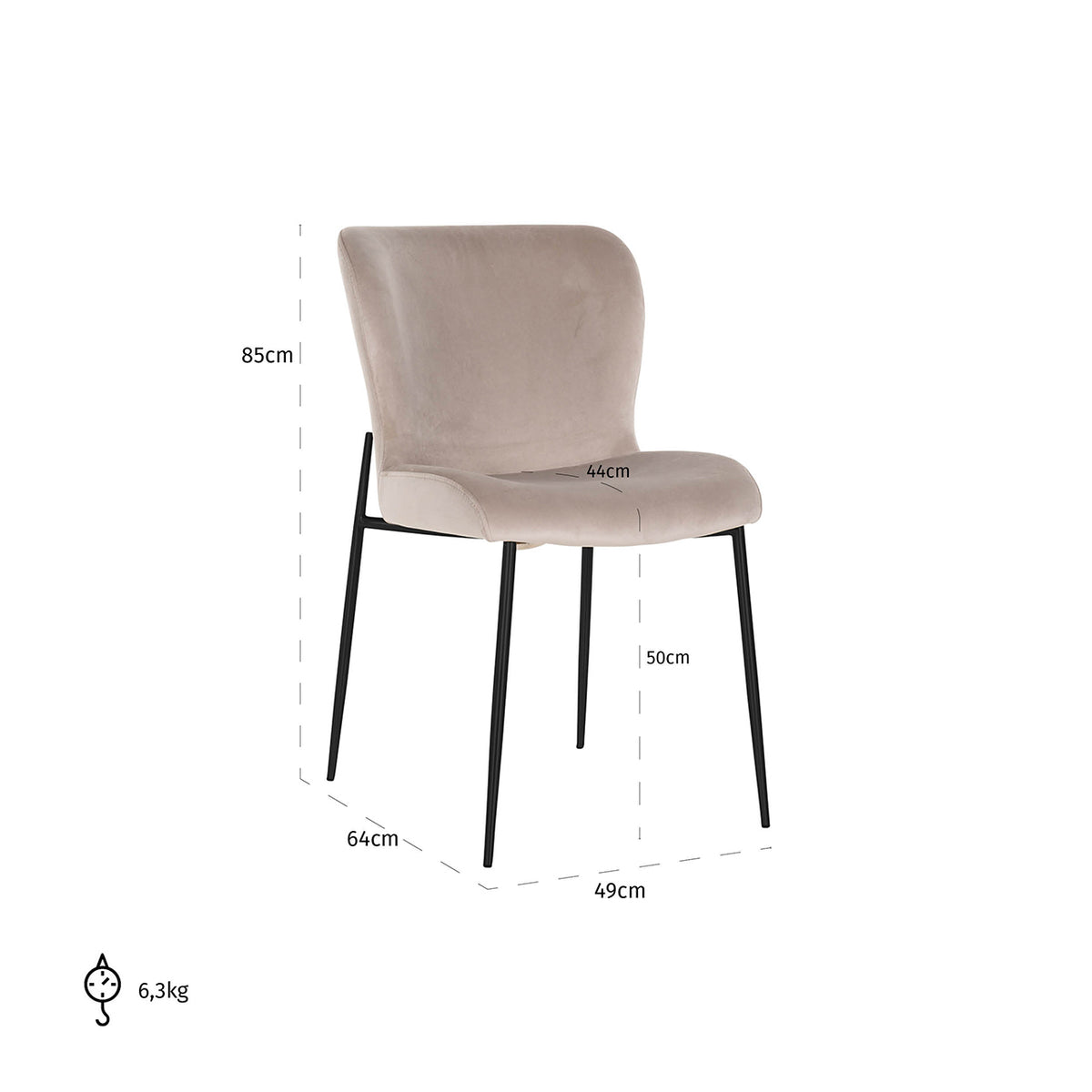 Eetkamerstoel Darby khaki velvet, maatvoering met afmetingen