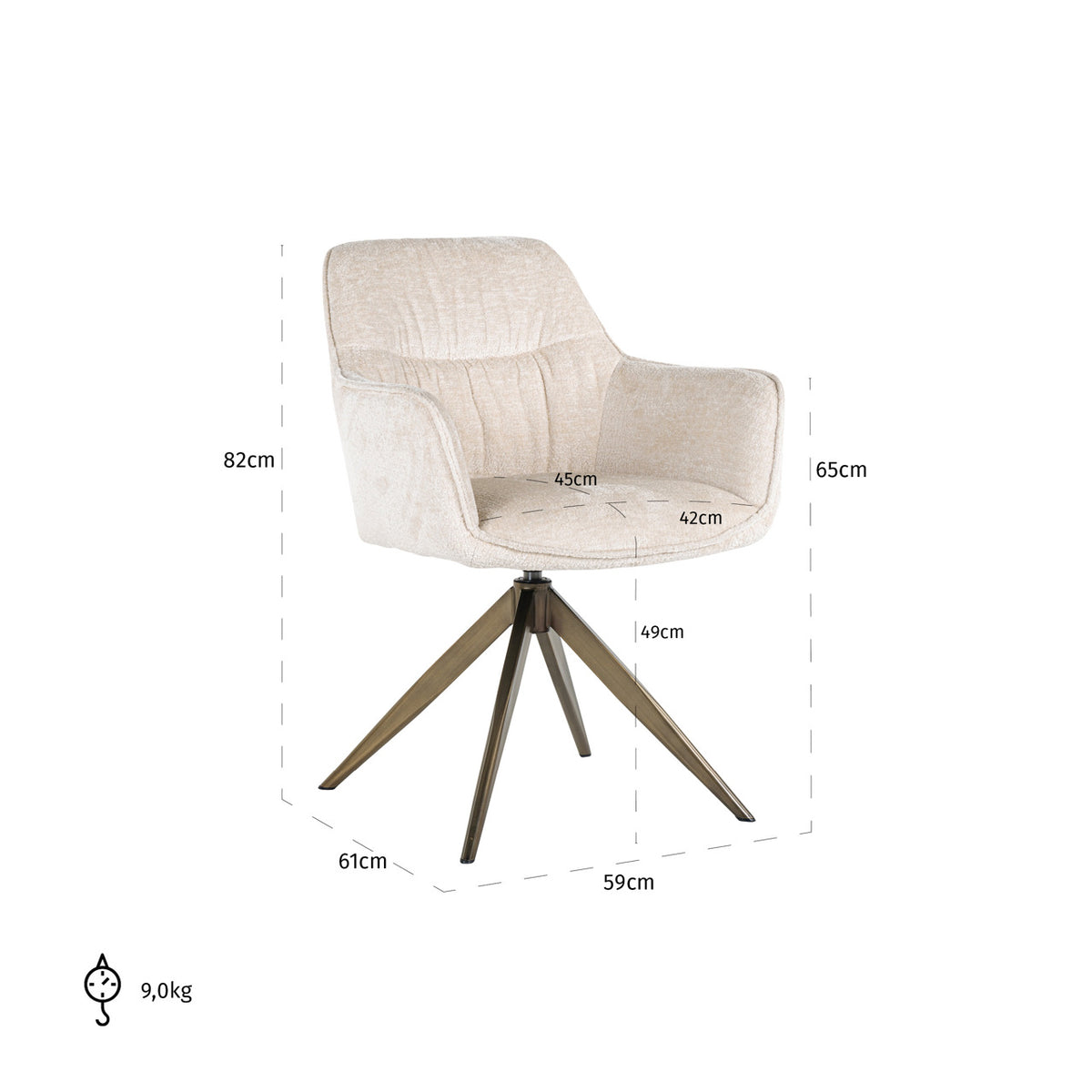 Eetkamerstoel Aline white chenille brandvertragend, maatvoering met afmetingen