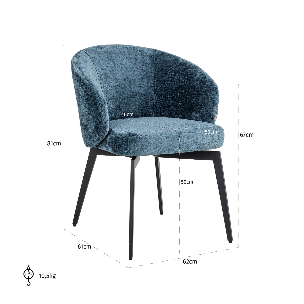 Eetkamerstoel Amphara blue chenille, maatvoering met afmetingen