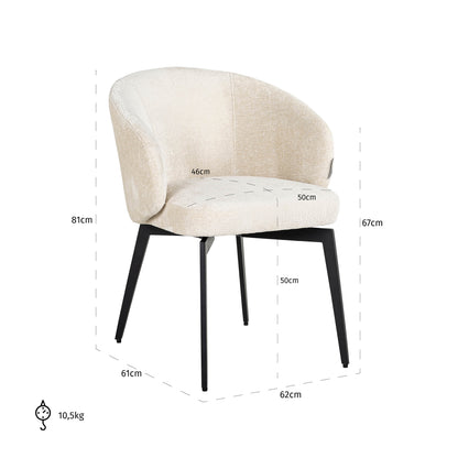 Eetkamerstoel Amphara white chenille, maatvoering met afmetingen
