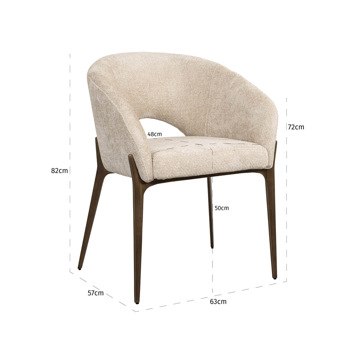 Eetkamerstoel Kenzi beige stof, maatvoering met afmetingen
