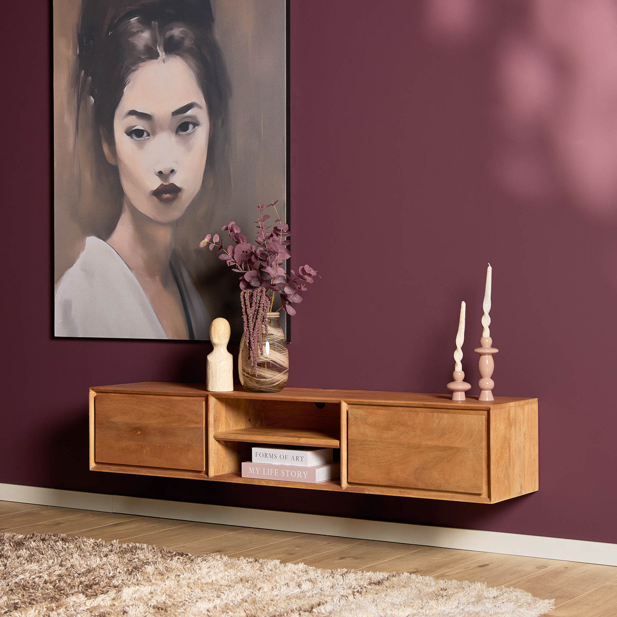 TV-Meubel Ambiance zwevend naturel mango, schuin vooraanzicht in een interieur
