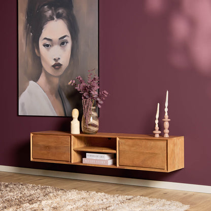 TV-Meubel Ambiance zwevend naturel mango, schuin vooraanzicht in een interieur
