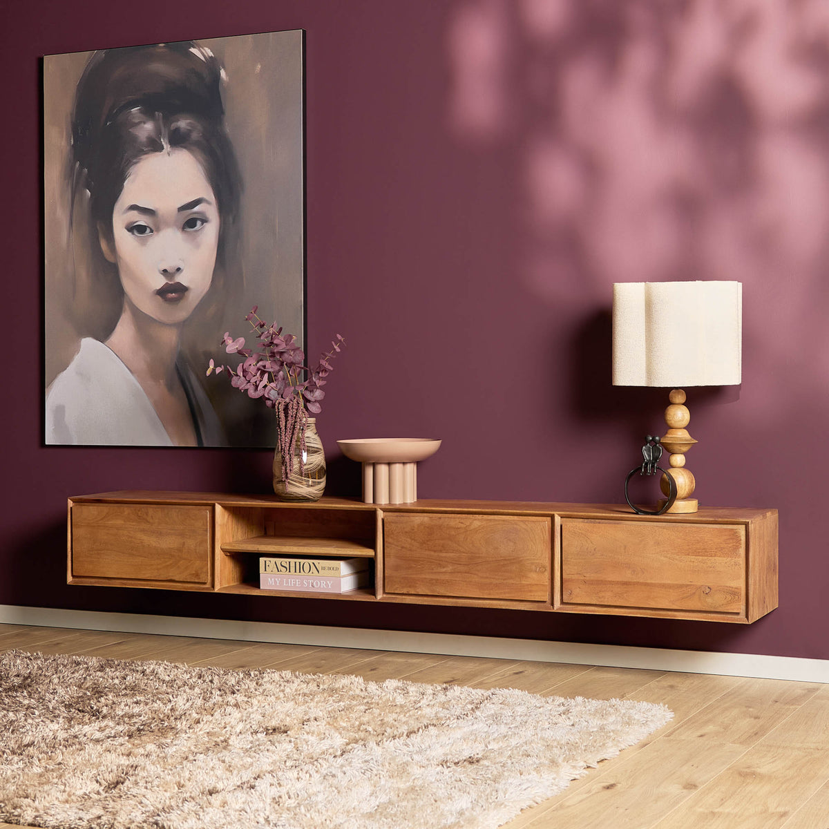 TV-Meubel Ambiance zwevend naturel mango, schuin vooraanzicht in een interieur