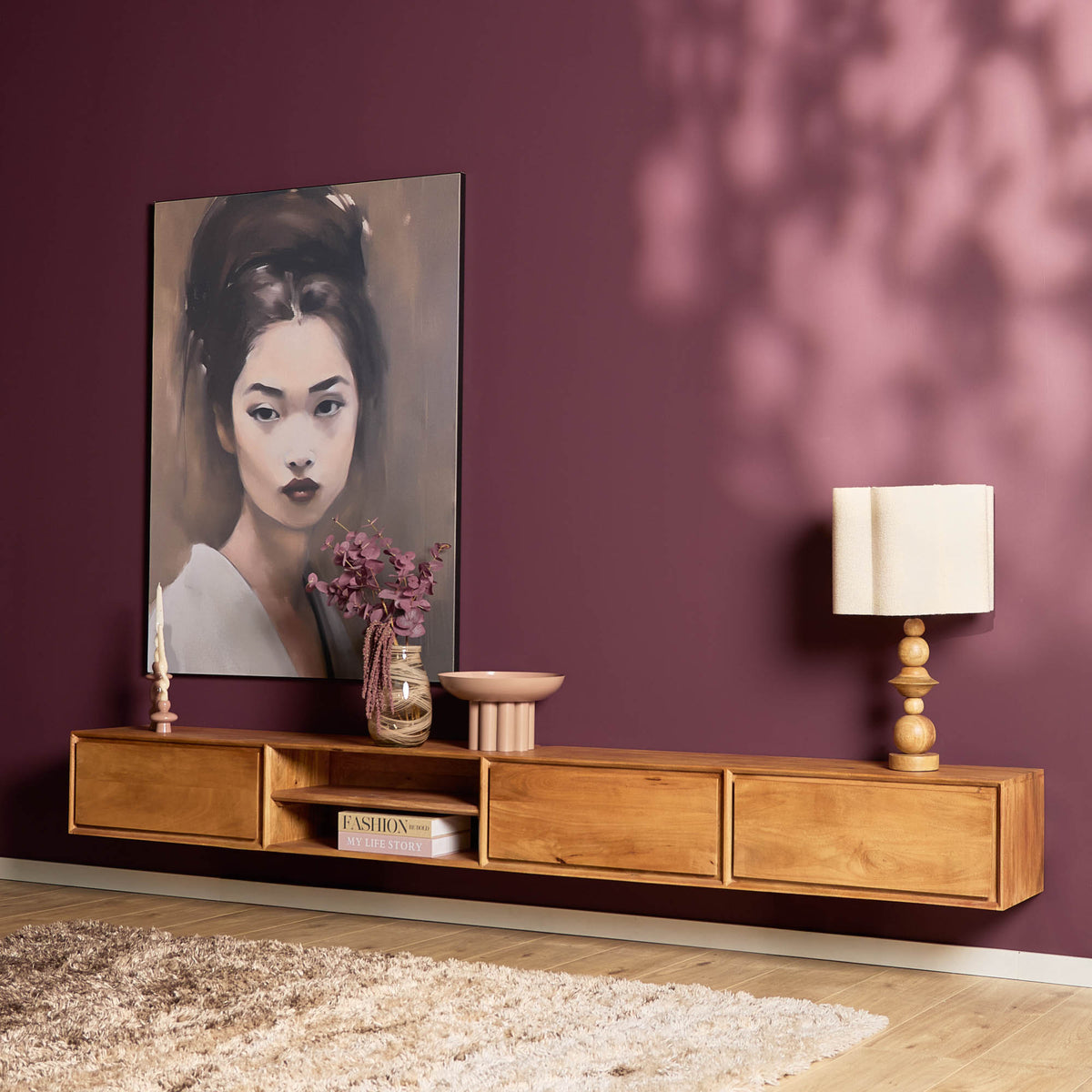 TV-Meubel Ambiance zwevend naturel mango, schuin vooraanzicht in een interieur