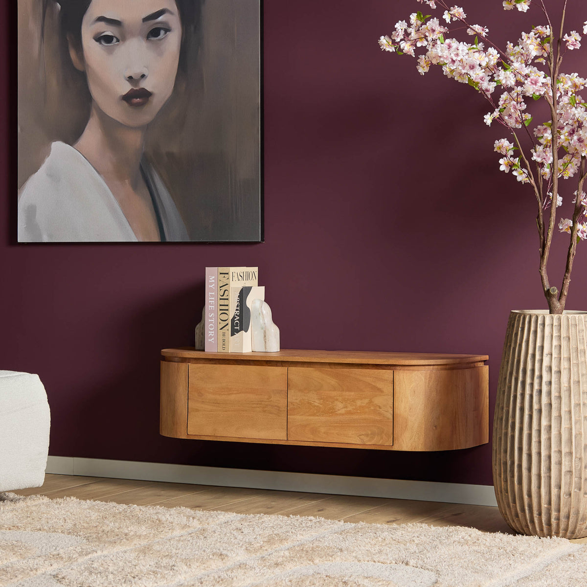 TV-Meubel Excellent zwevend & pootjes naturel, schuin vooraanzicht in een interieur