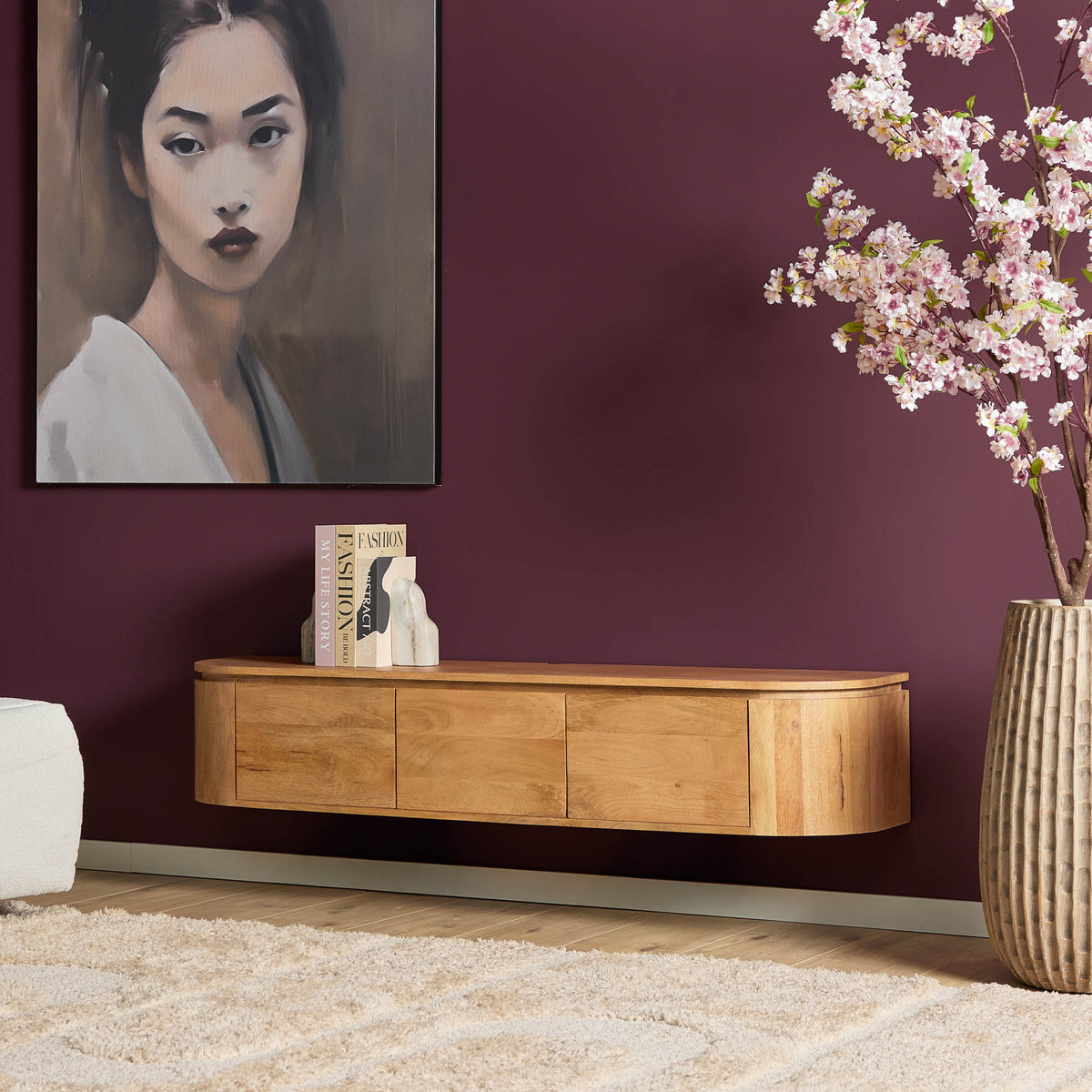 TV-Meubel Excellent zwevend & pootjes naturel, schuin vooraanzicht in een interieur