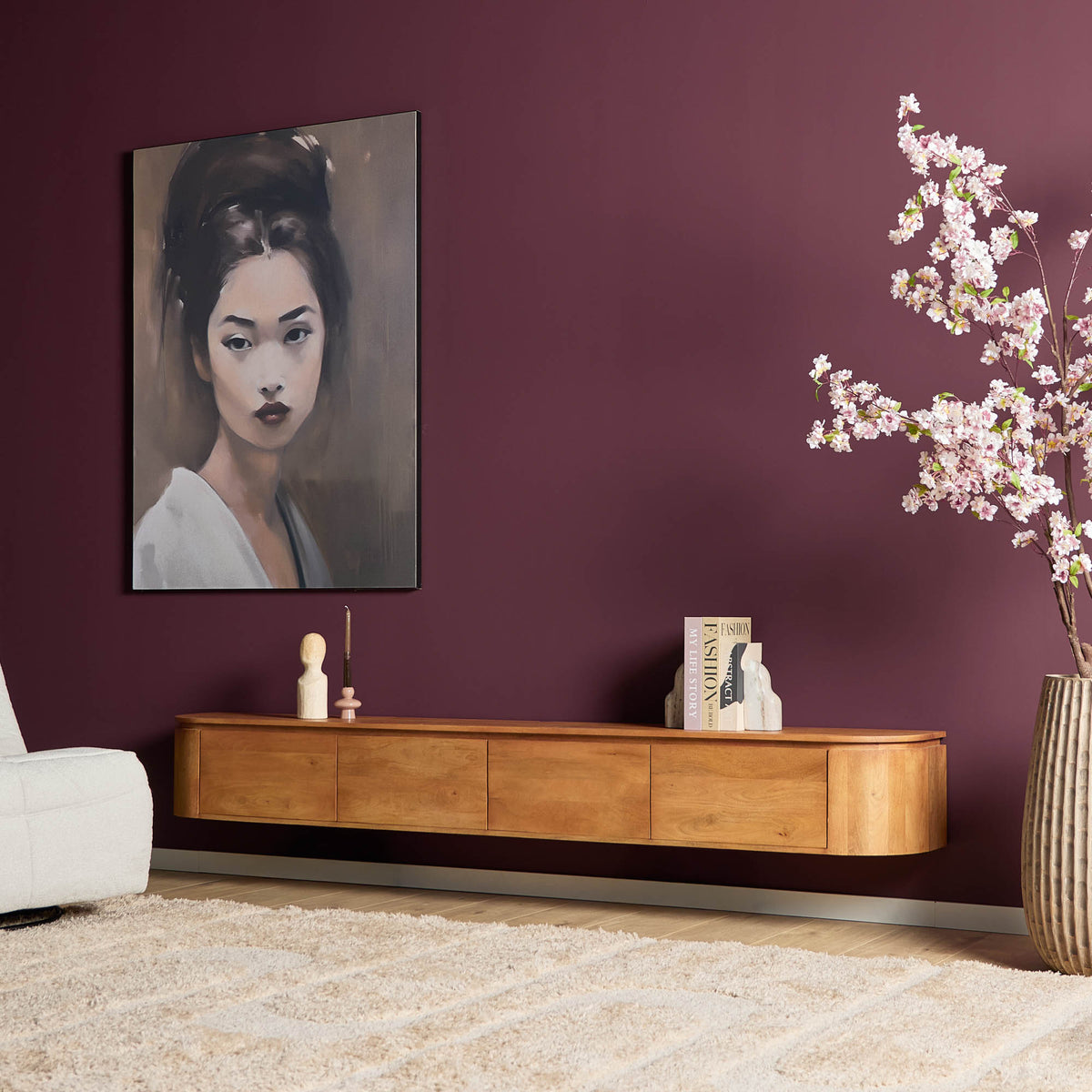 TV-Meubel Excellent zwevend & pootjes naturel, schuin vooraanzicht in een interieur