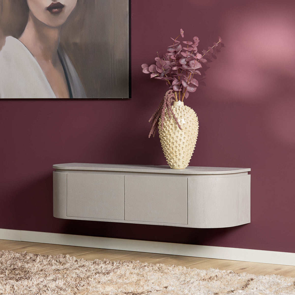 TV-Meubel Excellent zwevend & pootjes taupe, schuin vooraanzicht in een interieur