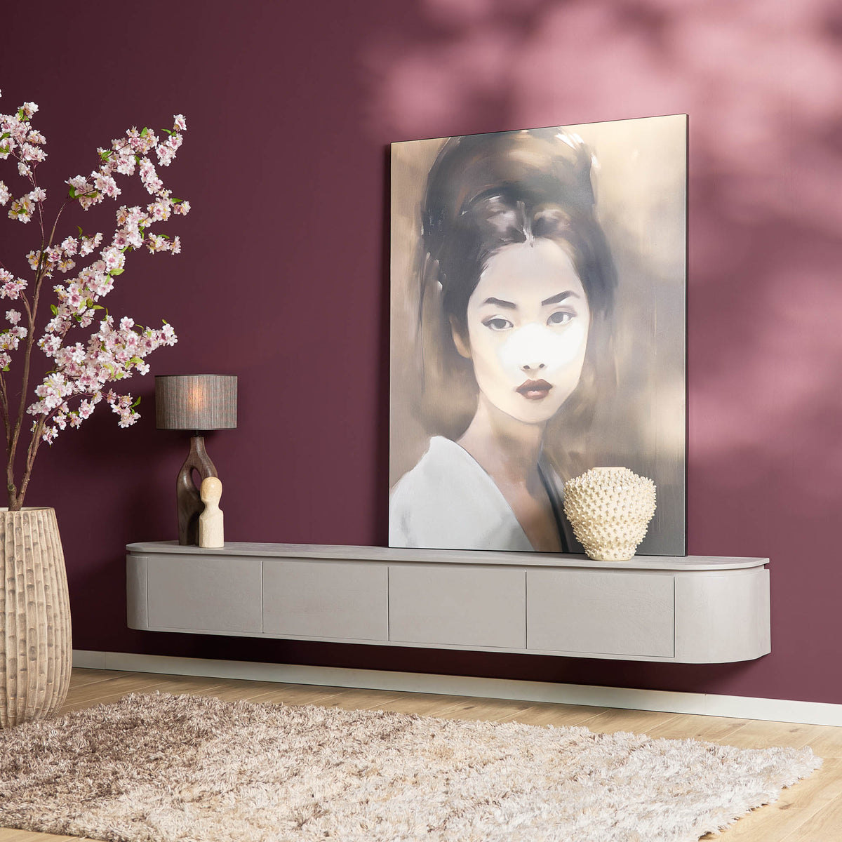 TV-Meubel Excellent zwevend & pootjes taupe, schuin vooraanzicht in een interieur