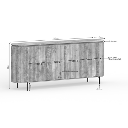 Dressoir Solana naturel mangohout, maatvoering met afmetingen