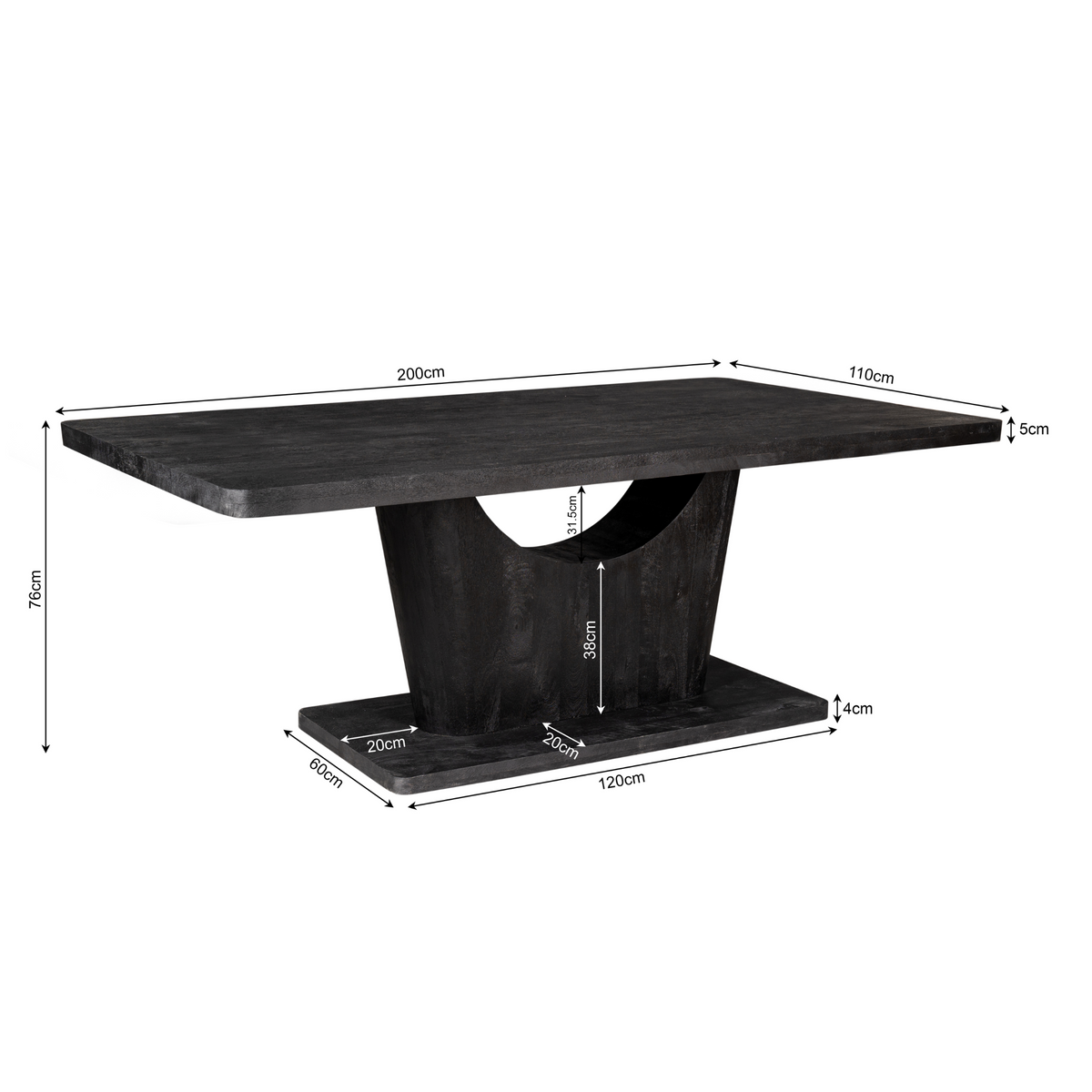 Eettafel Voco zwart mangohout 200 cm, maatvoering met afmetingen