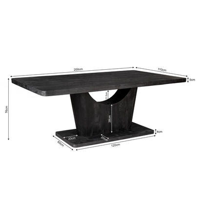 Eettafel Voco zwart mangohout 200 cm, maatvoering met afmetingen