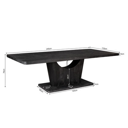 Eettafel Voco zwart mangohout 240 cm, maatvoering met afmetingen
