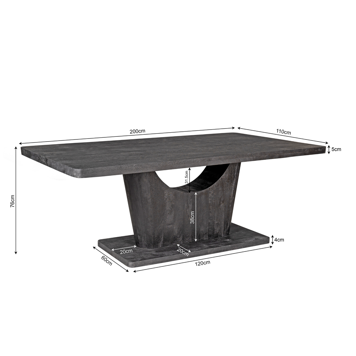Eettafel Voco bruin mangohout 200 cm, maatvoering met afmetingen