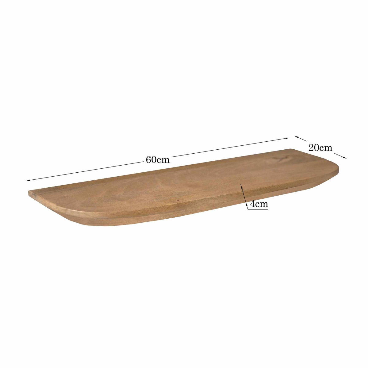 Wandplank Gusta naturel mangohout, maatvoering met afmetingen