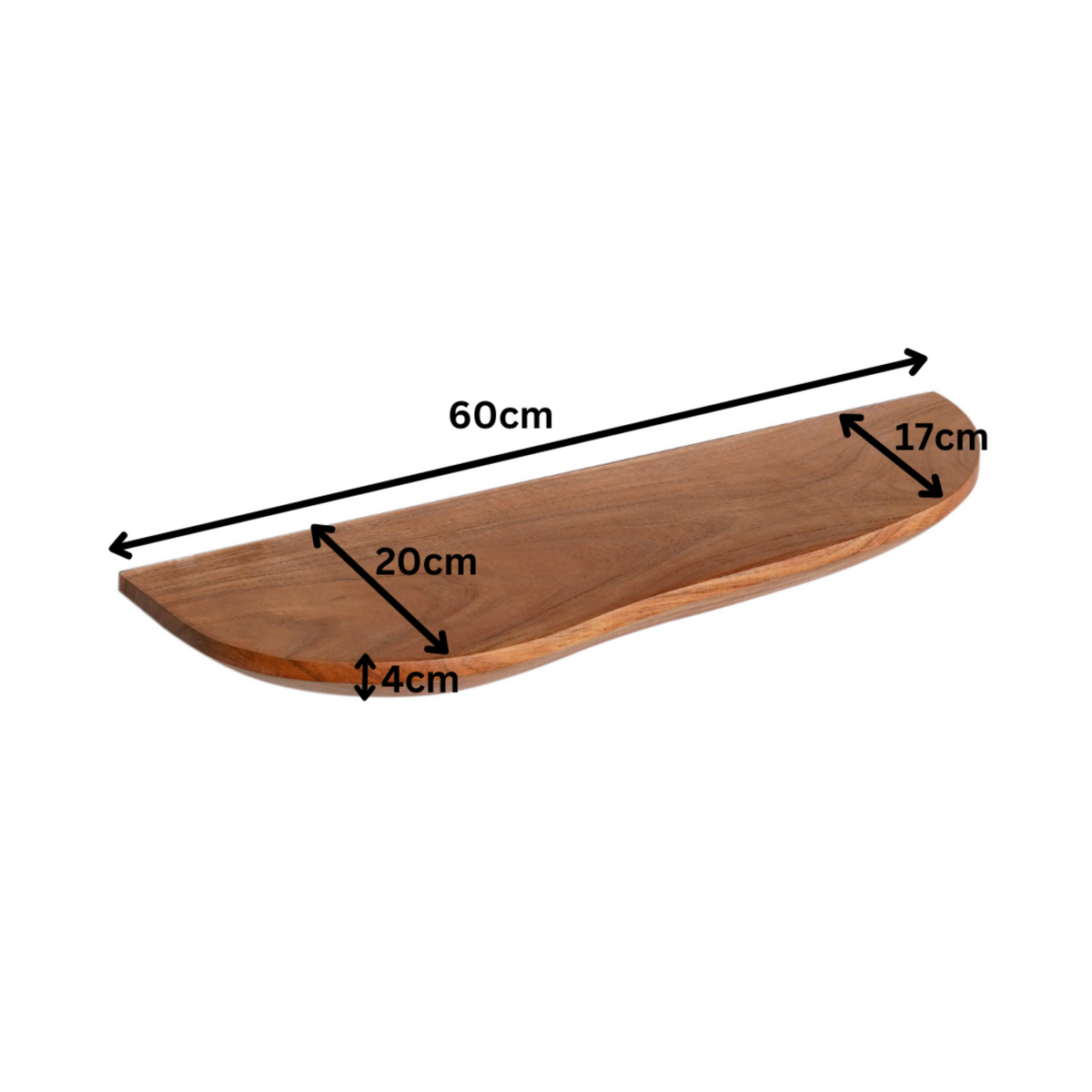 Wandplank Live Edge naturel acaciahout, maatvoering met afmetingen