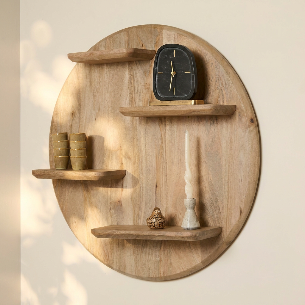 Wandmeubel Lena naturel mangohout, vooraanzicht in een interieur