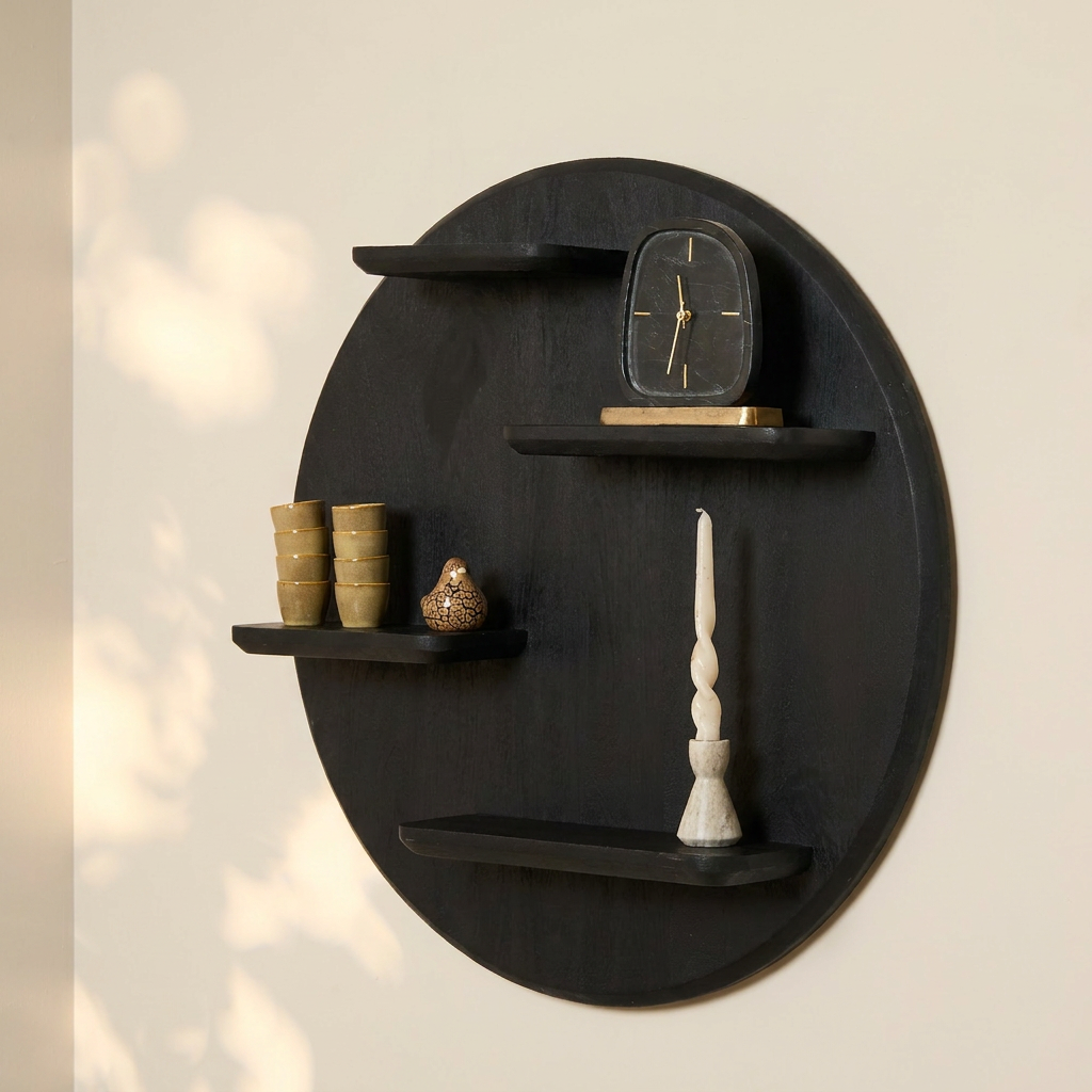 Wandmeubel Lena zwart mangohout, vooraanzicht in een interieur