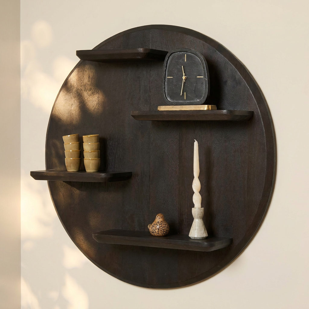 Wandmeubel Lena bruin mangohout, vooraanzicht in een interieur