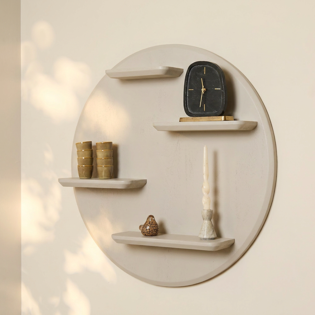 Wandmeubel Lena zand mangohout, vooraanzicht in een interieur