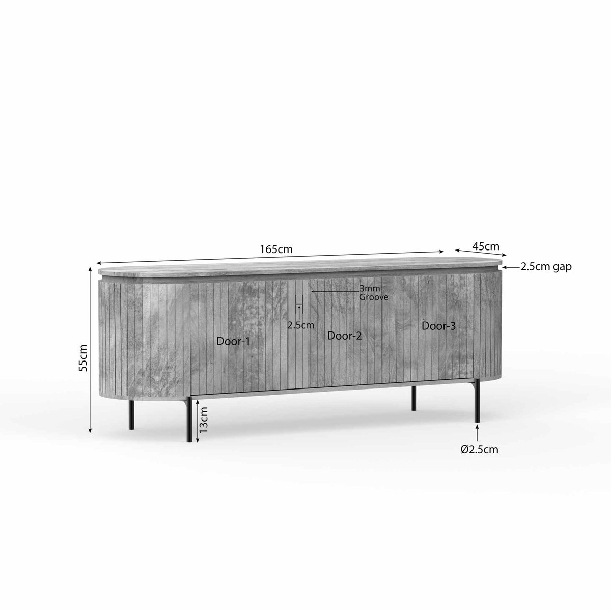 Tv meubel Solana mangohout taupe, maatvoering met afmetingen