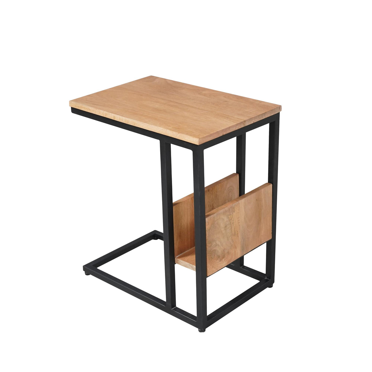 Laptoptafel Dakota 48cm hoog naturel mangohout, schuin vooraanzicht op witte achtergrond