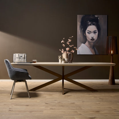 Eettafel Madison Sand | Deens Ovaal | Onderstel Koper — Vooraanzicht - sfeer