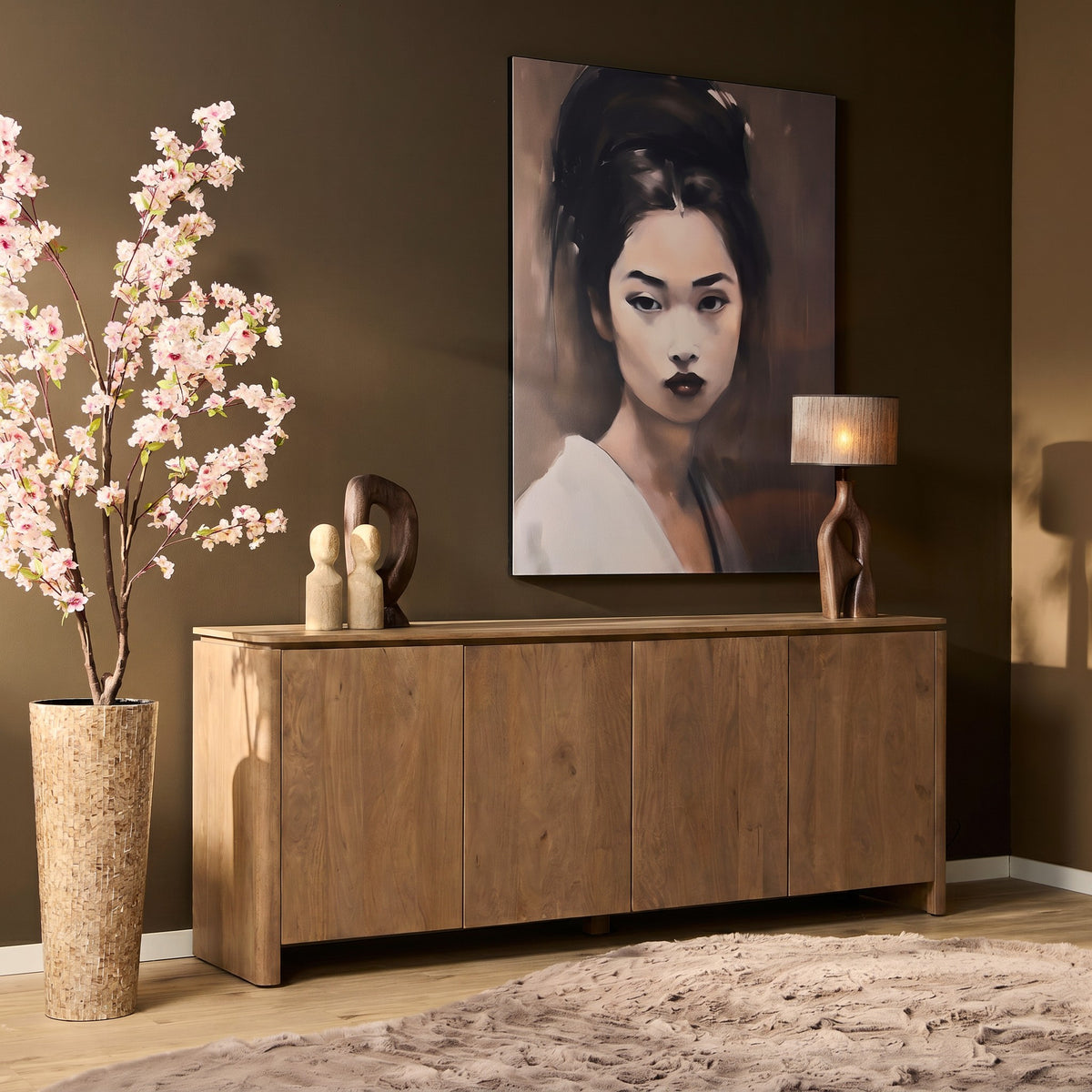 Dressoir Dallas naturel mangohout 210 cm, schuin vooraanzicht in een interieur