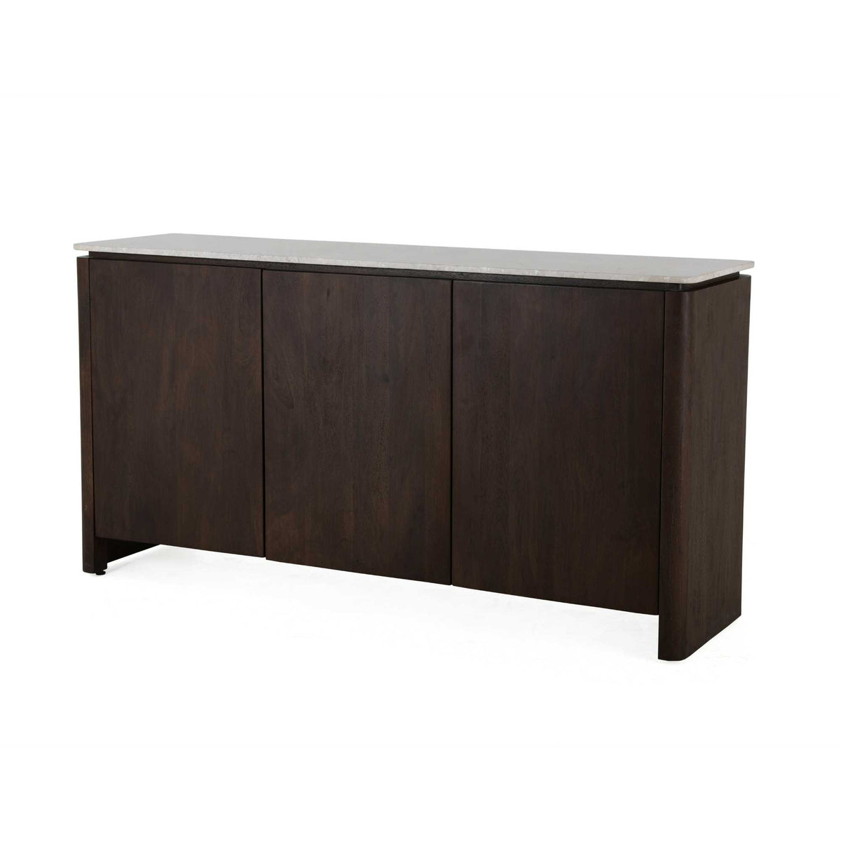 Dressoir Dallas bruin mangohout 165 cm, schuin vooraanzicht op witte achtergrond