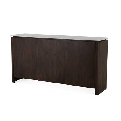 Dressoir Dallas bruin mangohout 165 cm, schuin vooraanzicht op witte achtergrond
