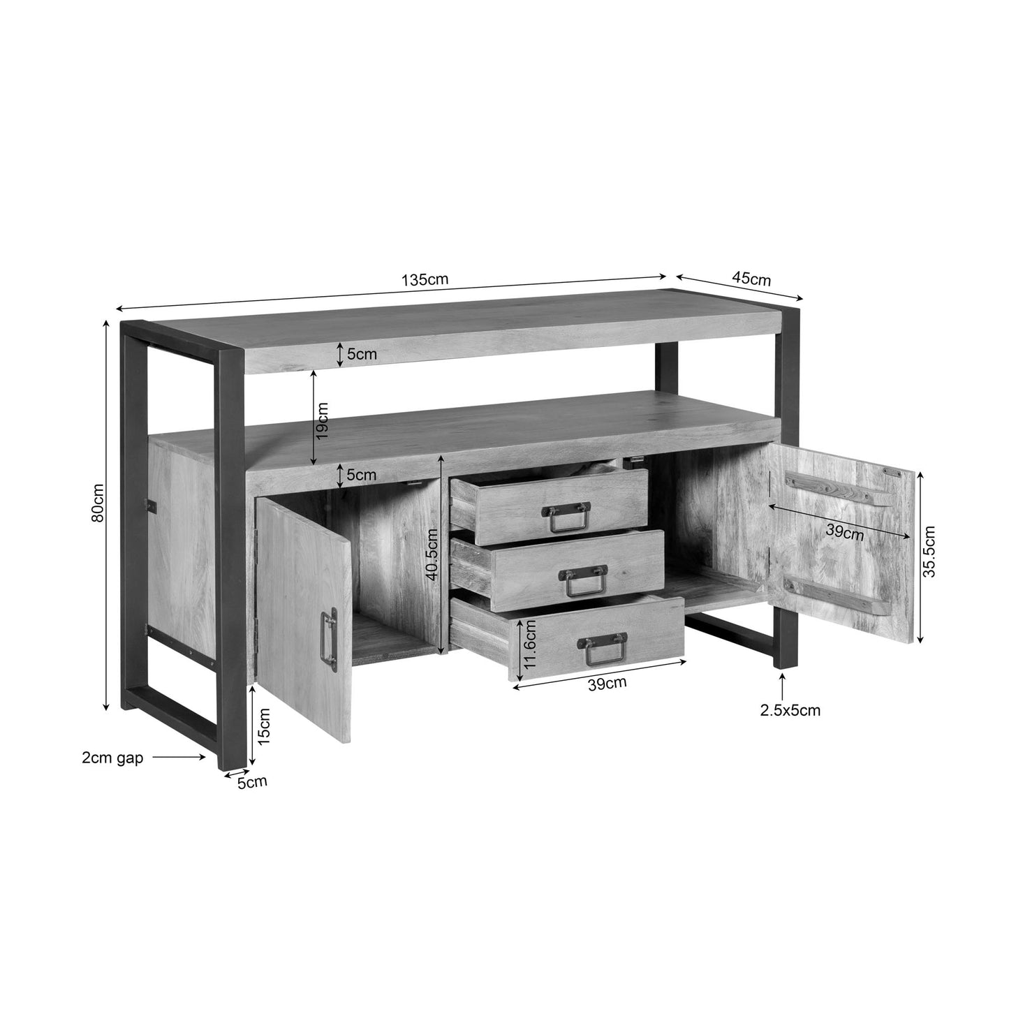 Dressoir Britt | 2 deuren 3 lades | Naturel Mango
