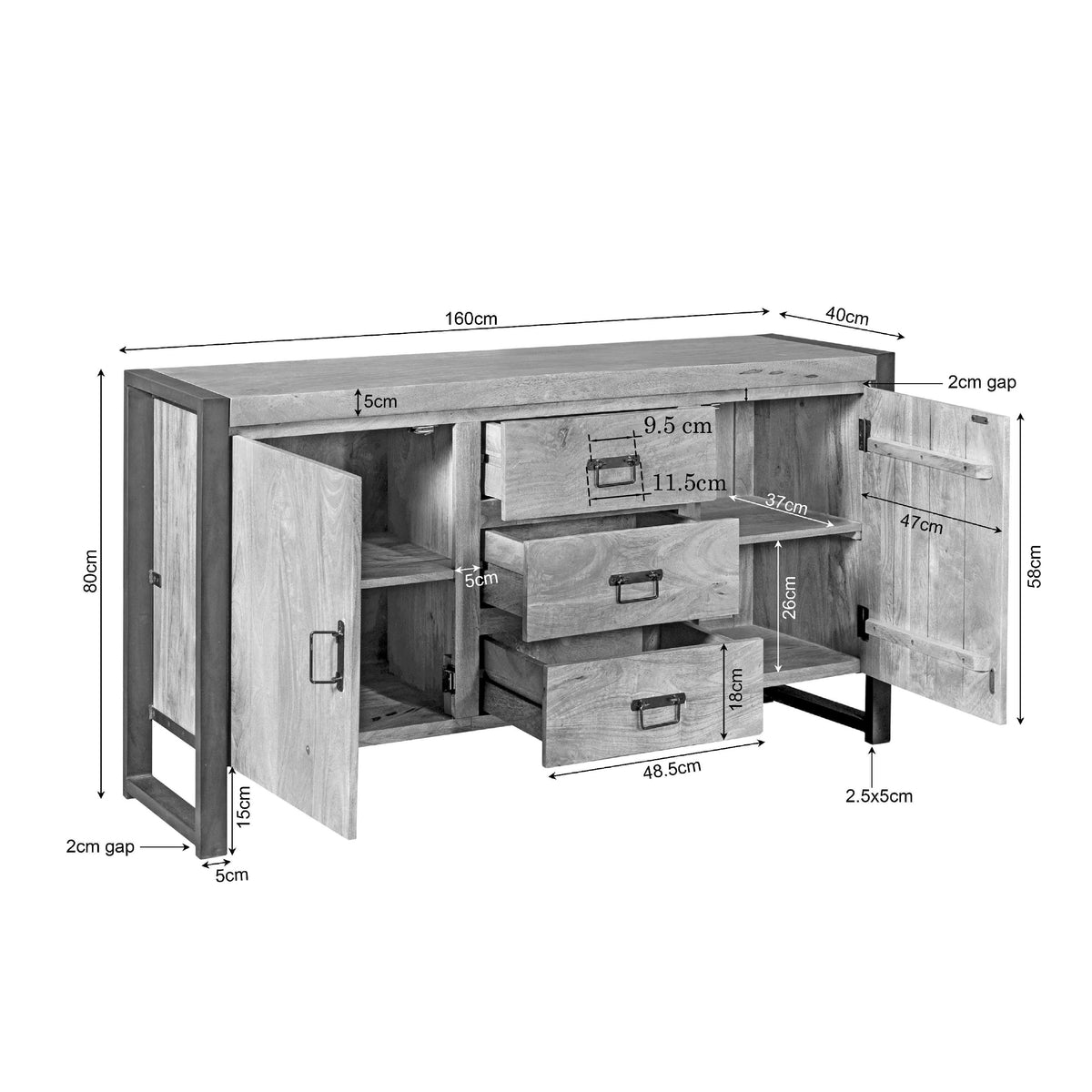 Dressoir Britt Gesloten | Naturel Mango — Maatvoering