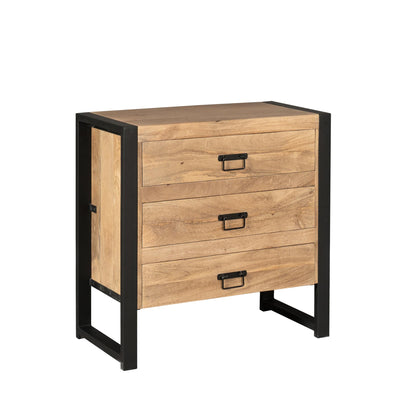 Ladekast Britt gesloten naturel mango, schuin vooraanzicht op witte achtergrond