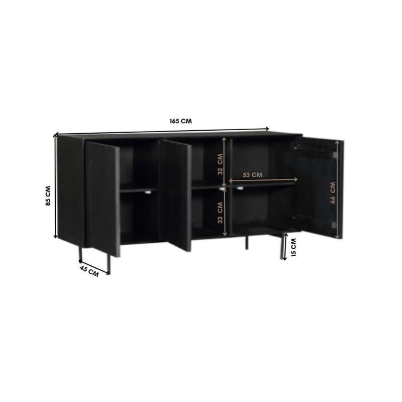 Dressoir Madison zwart mangohout, maatvoering met afmetingen