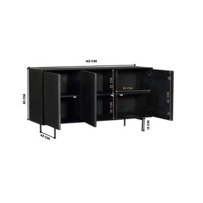 Dressoir Madison zwart mangohout, maatvoering met afmetingen