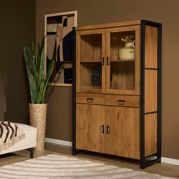 Vitrinekast Britt | 115 cm | Naturel Mangohout | NIEUW | Magazijn leegverkoop