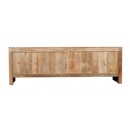 Tv meubel Tense naturel mangohout 150 cm, achteraanzicht op witte achtergrond