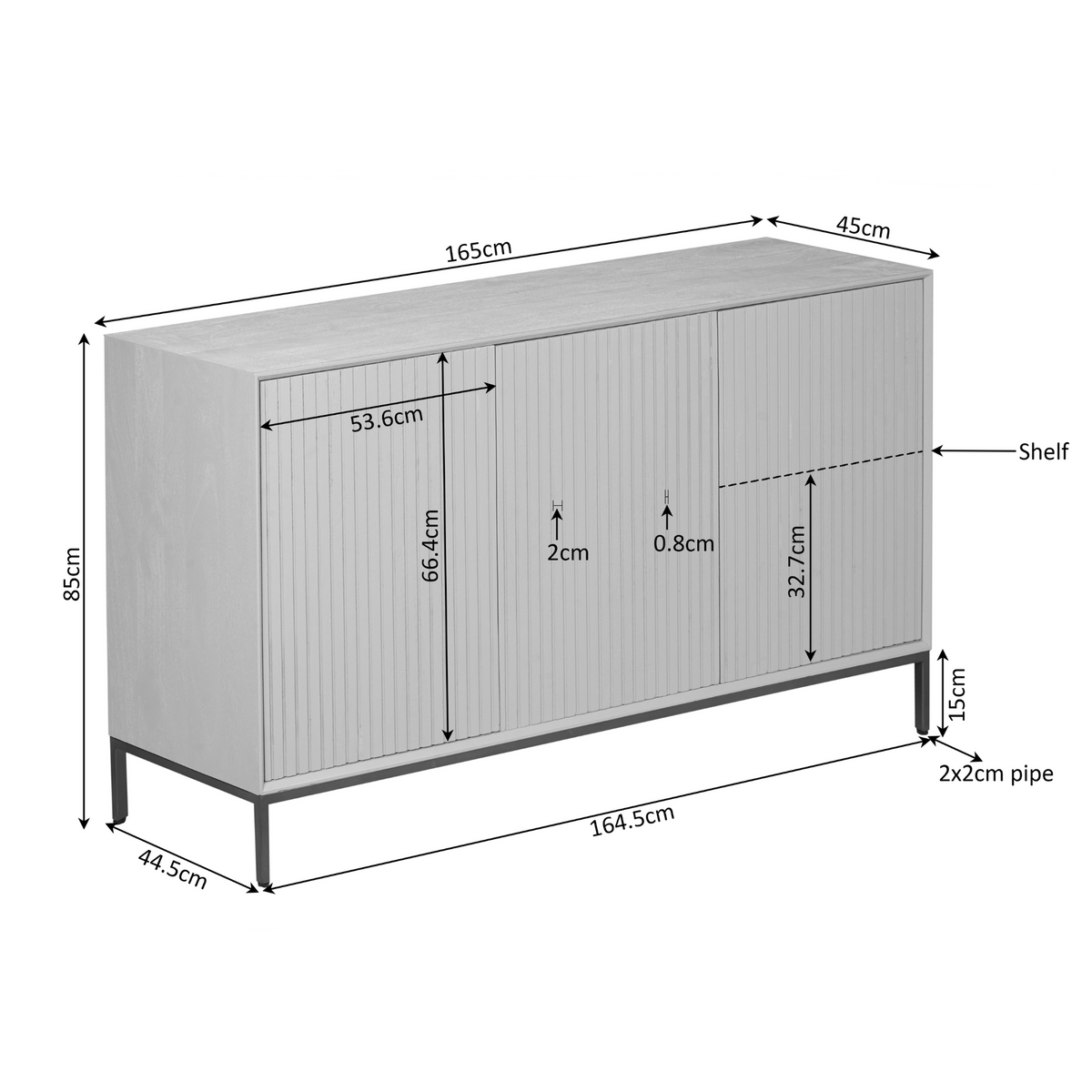 Dressoir Madison bruin, maatvoering met afmetingen