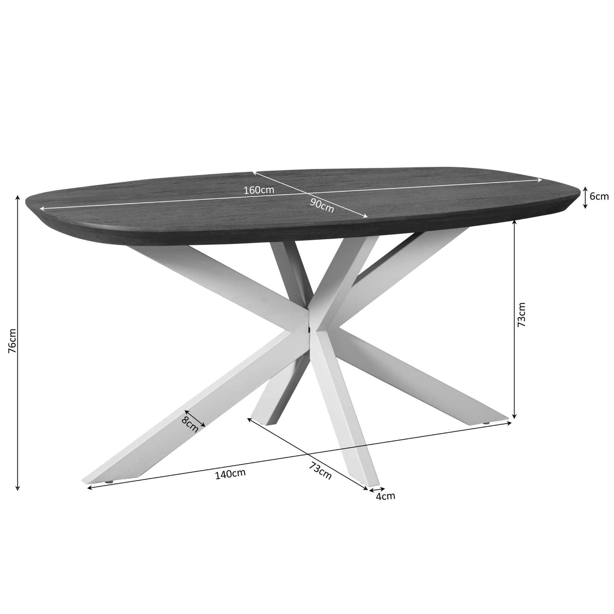 Eettafel Madison Brown | Deens Ovaal | Onderstel Zwart — Maatvoering