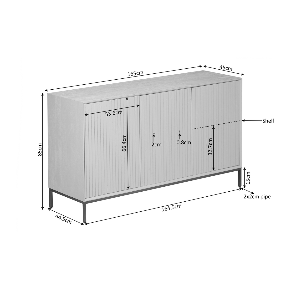 Dressoir Madison naturel mangohout, maatvoering met afmetingen